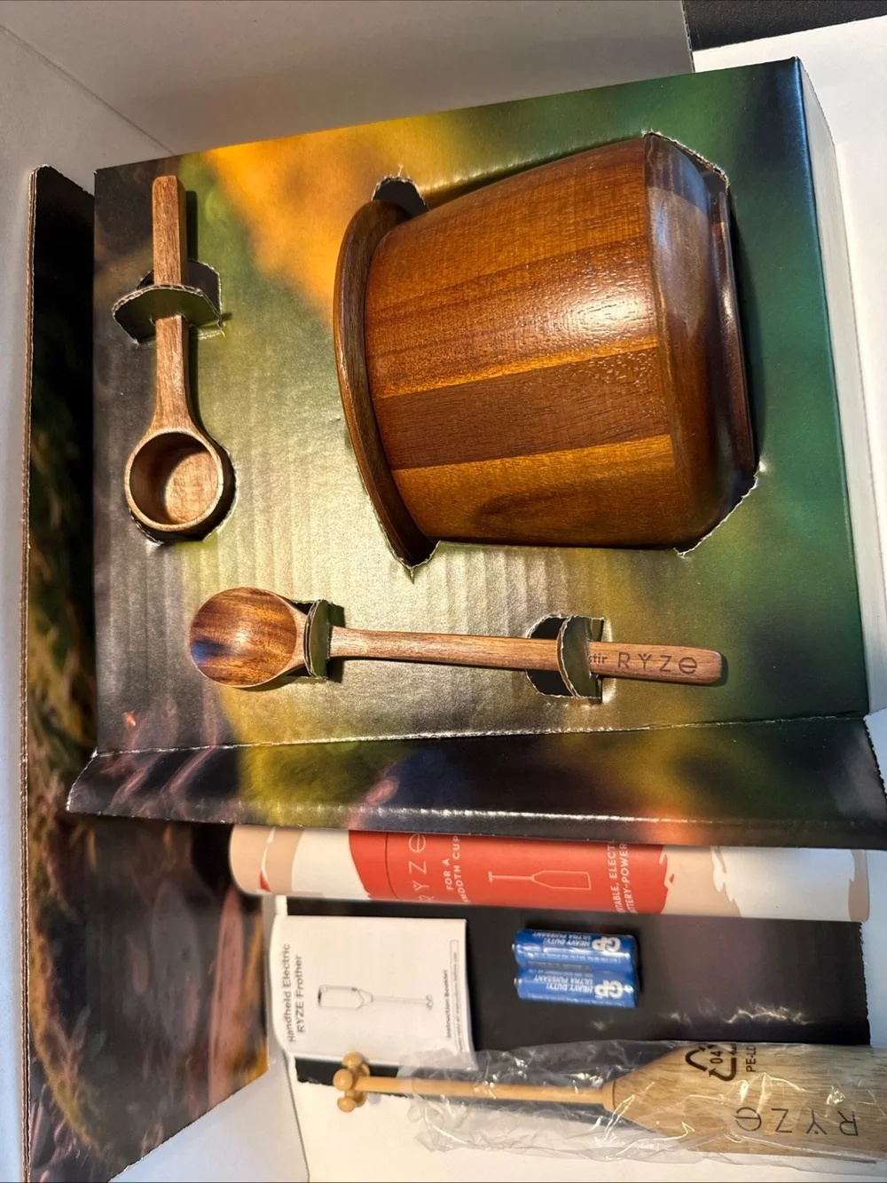 Mushroom coffee Acacia Jar, Lid, Scoop, Stir, Frother & magnet. NWT.